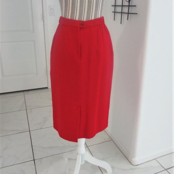 Pristine Vintage True Red 100% Wool Pencil Skirt Pockets XS / S / 0 / 2 Petite - Picture 5 of 12